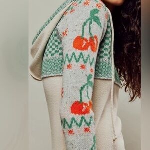 Free People Cream Top with Green and Orange Cherry Sleeves